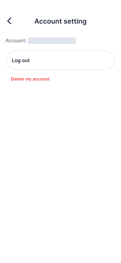The Account setting screen, showing the email address linked to the account, a Log out button, and a Delete my account link in red below it.