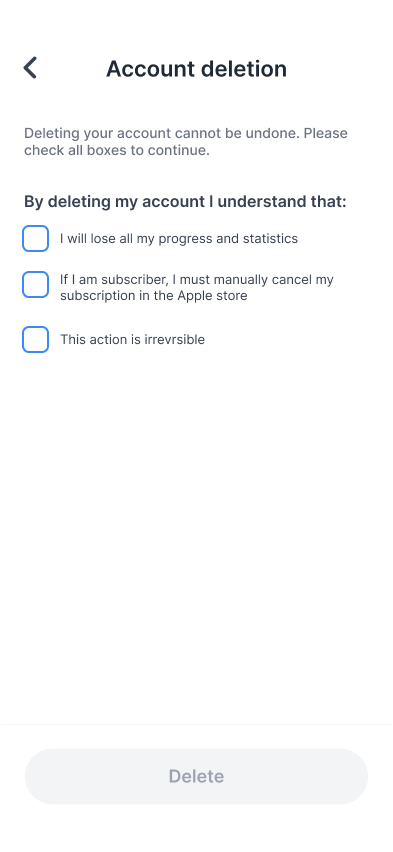 The Account deletion screen, with three checkboxes to tick and a Delete button at the bottom.