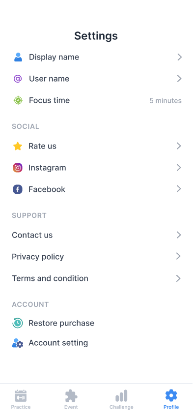The Brain Rise Settings screen. At the bottom, an ACCOUNT section contains Restore purchase and Account setting.